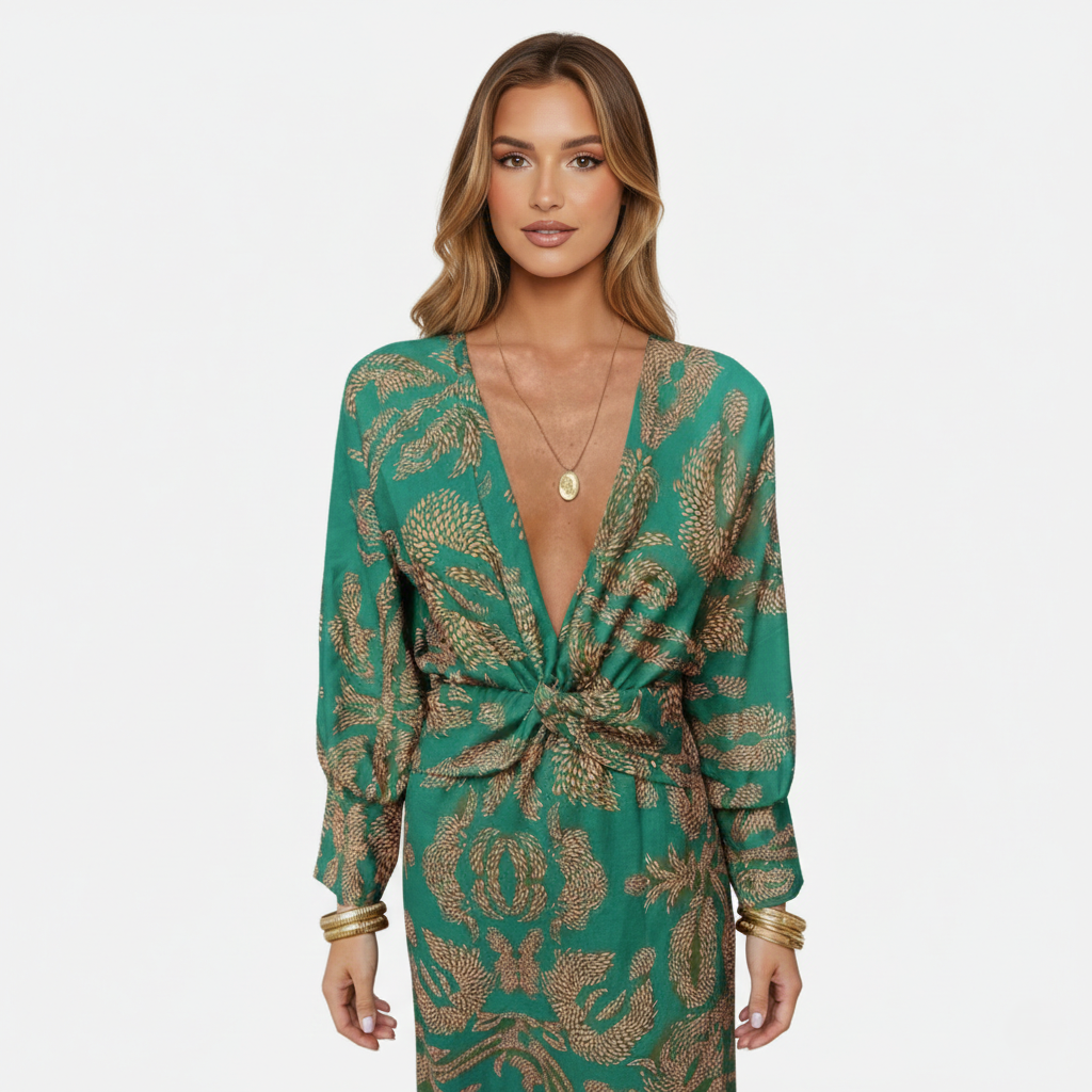 Midi Dress Women's Printed Twist Front V-neck Long Sleeve
