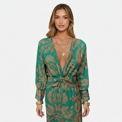 Midi Dress Women's Printed Twist Front V-neck Long Sleeve