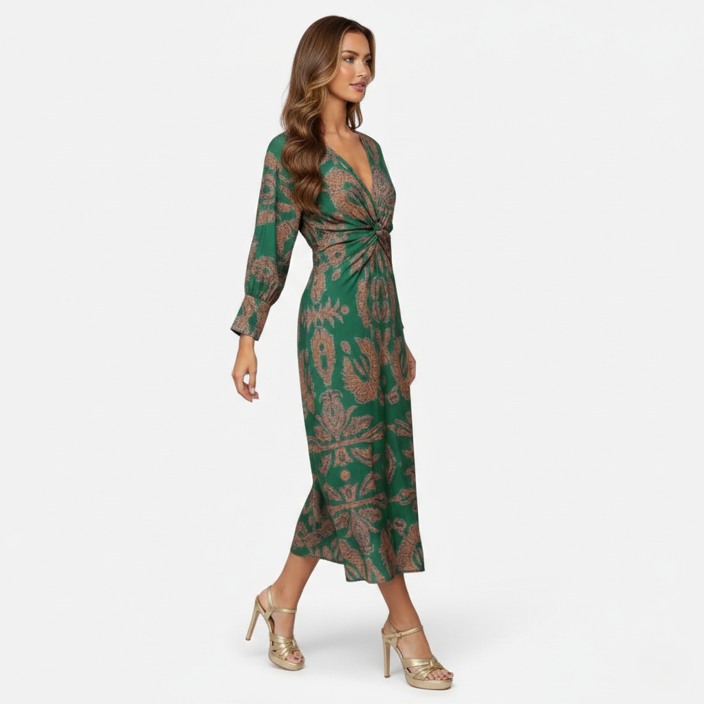 Midi Dress Women's Printed Twist Front V-neck Long Sleeve