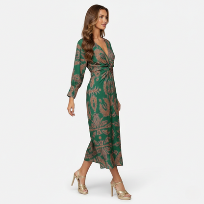 Midi Dress Women's Printed Twist Front V-neck Long Sleeve