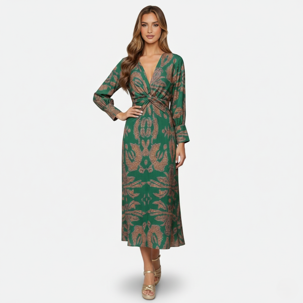 Midi Dress Women's Printed Twist Front V-neck Long Sleeve