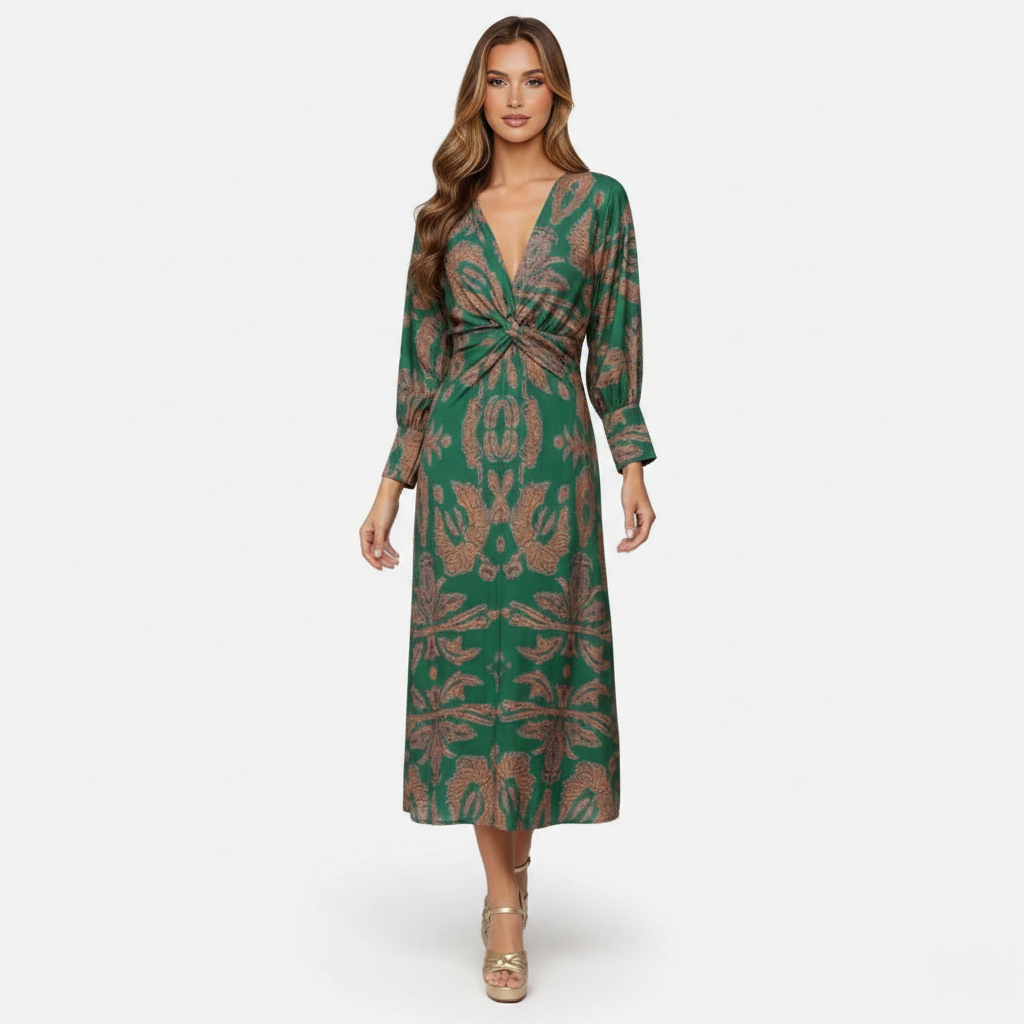 Midi Dress Women's Printed Twist Front V-neck Long Sleeve