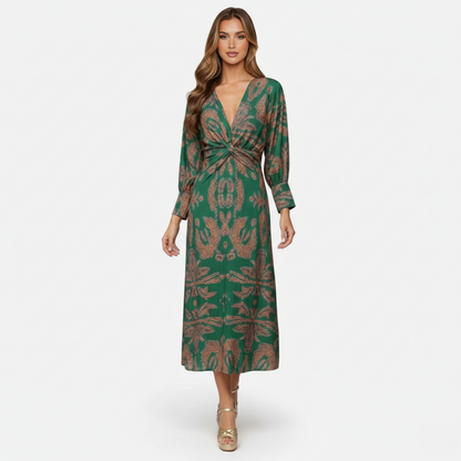 Midi Dress Women's Printed Twist Front V-neck Long Sleeve