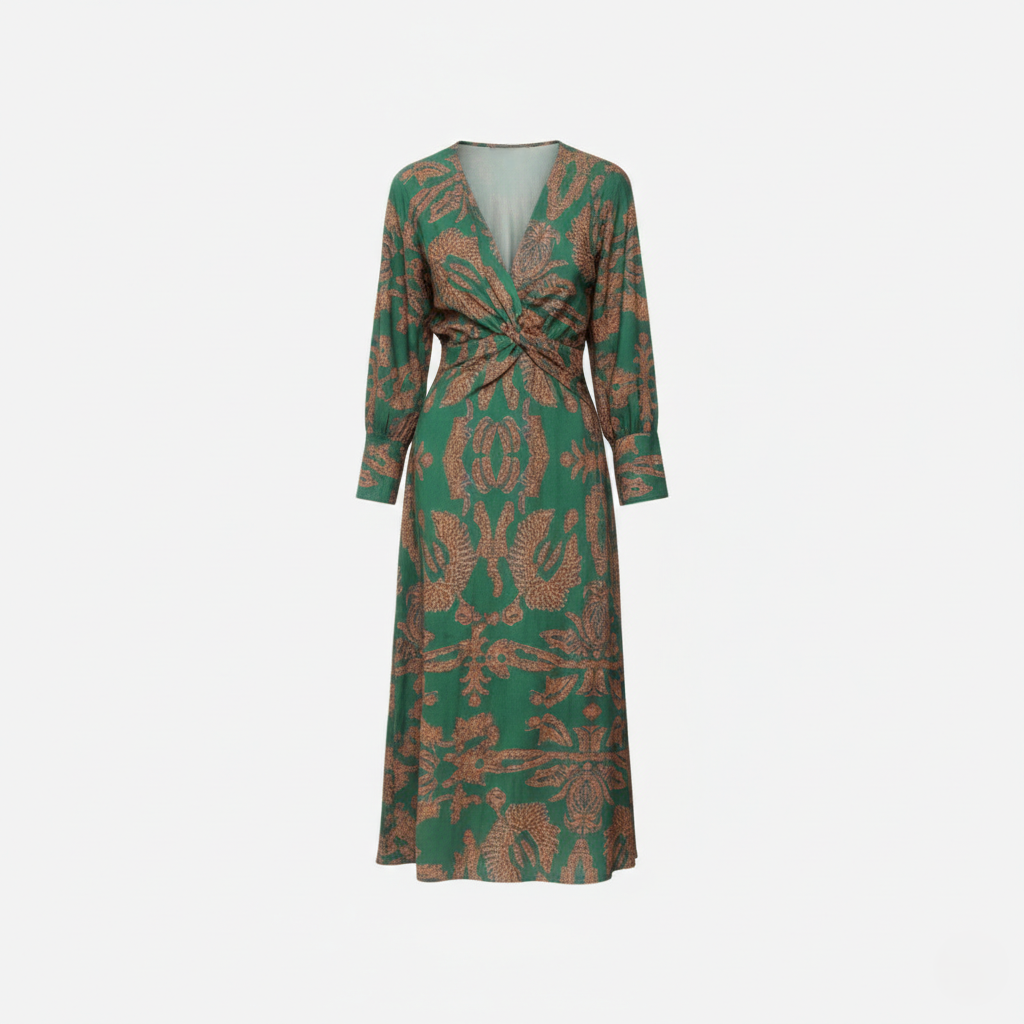Midi Dress Women's Printed Twist Front V-neck Long Sleeve