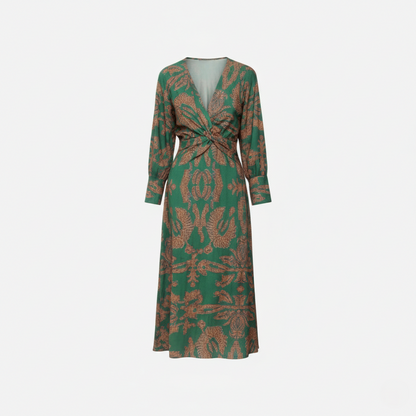 Midi Dress Women's Printed Twist Front V-neck Long Sleeve