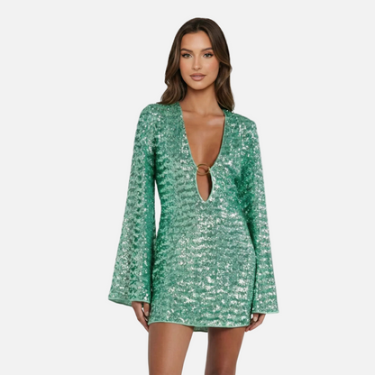 Mini Dress Women's Sequin V-neck Bell Sleeve Ring Detail