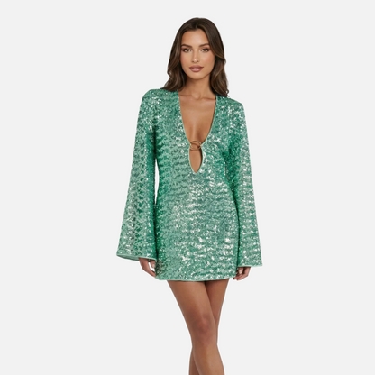 Mini Dress Women's Sequin V-neck Bell Sleeve Ring Detail