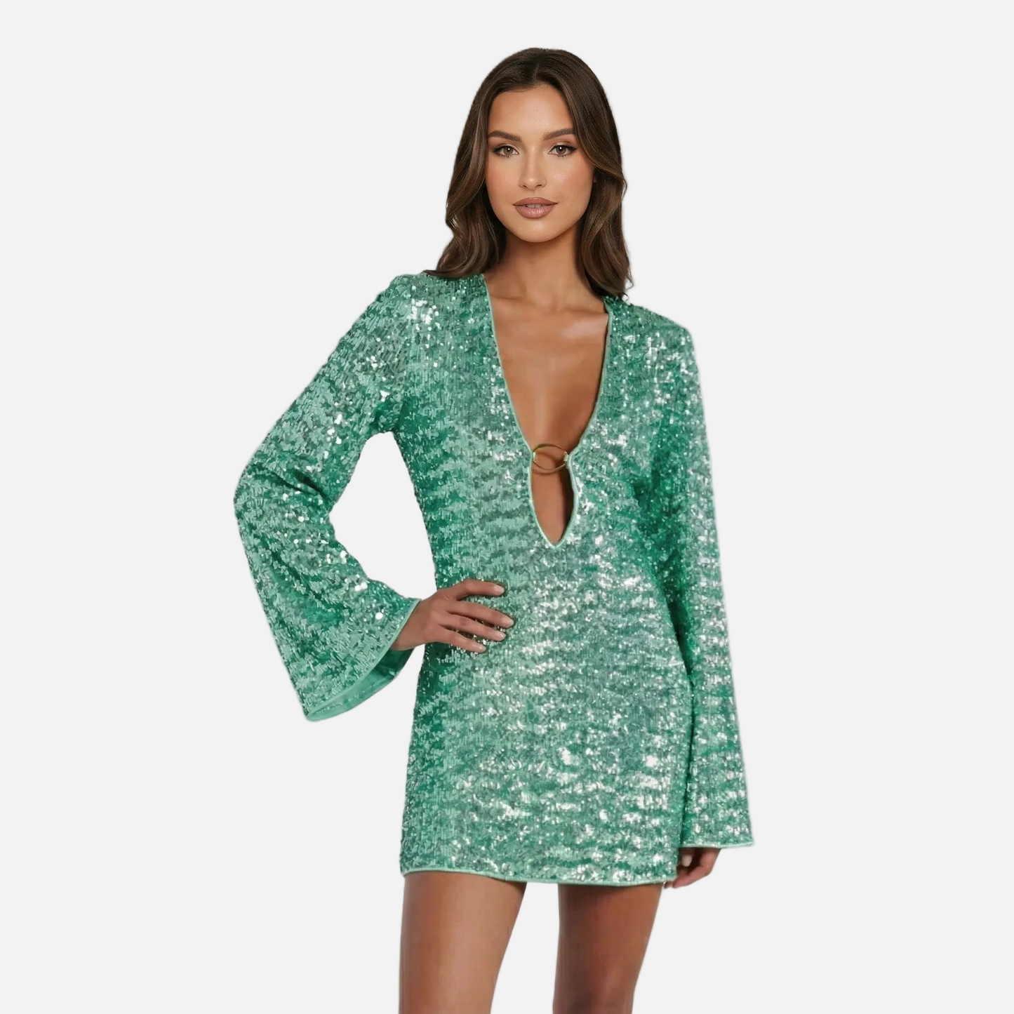 Mini Dress Women's Sequin V-neck Bell Sleeve Ring Detail
