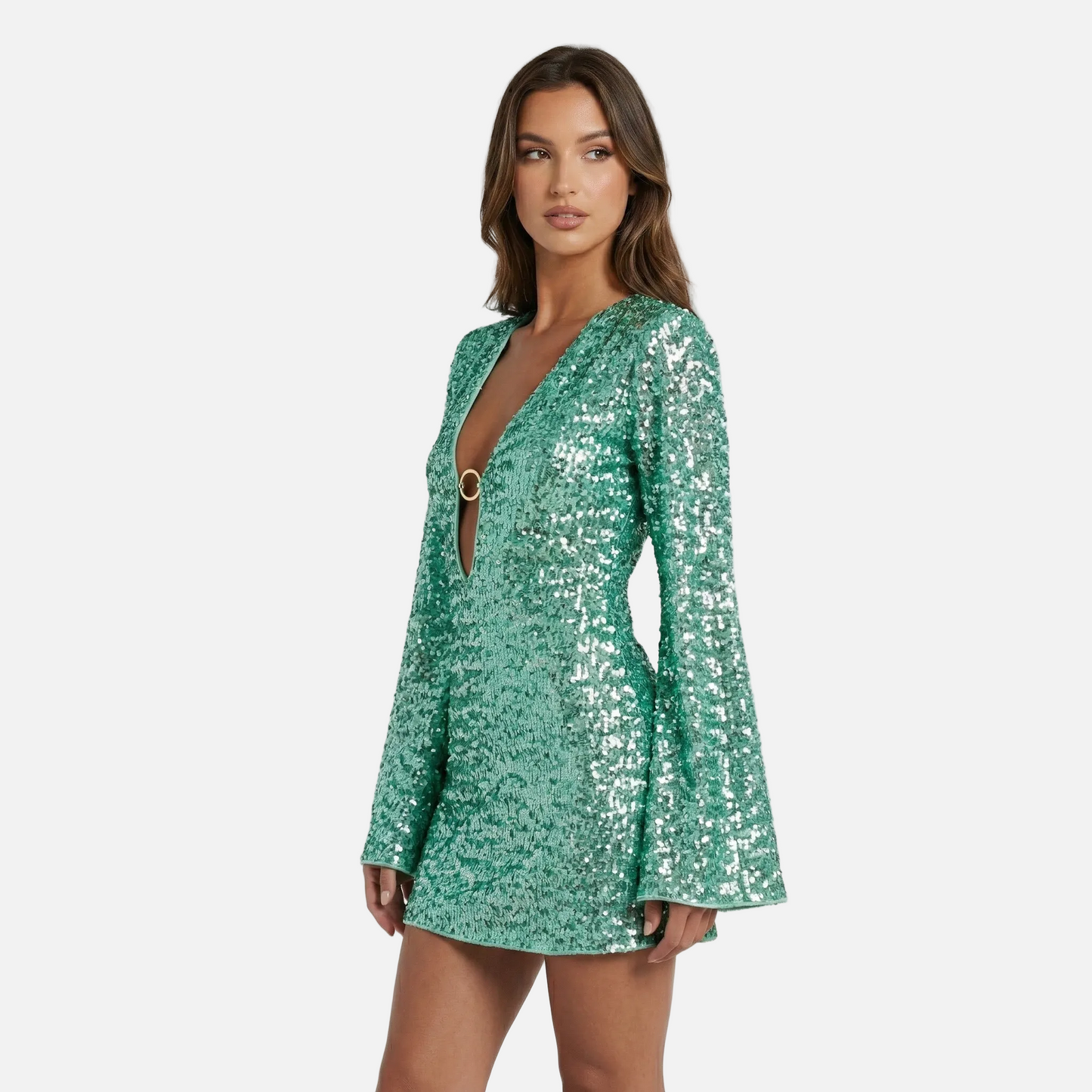 Mini Dress Women's Sequin V-neck Bell Sleeve Ring Detail