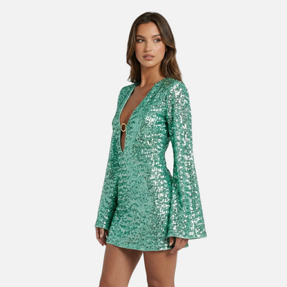 Mini Dress Women's Sequin V-neck Bell Sleeve Ring Detail