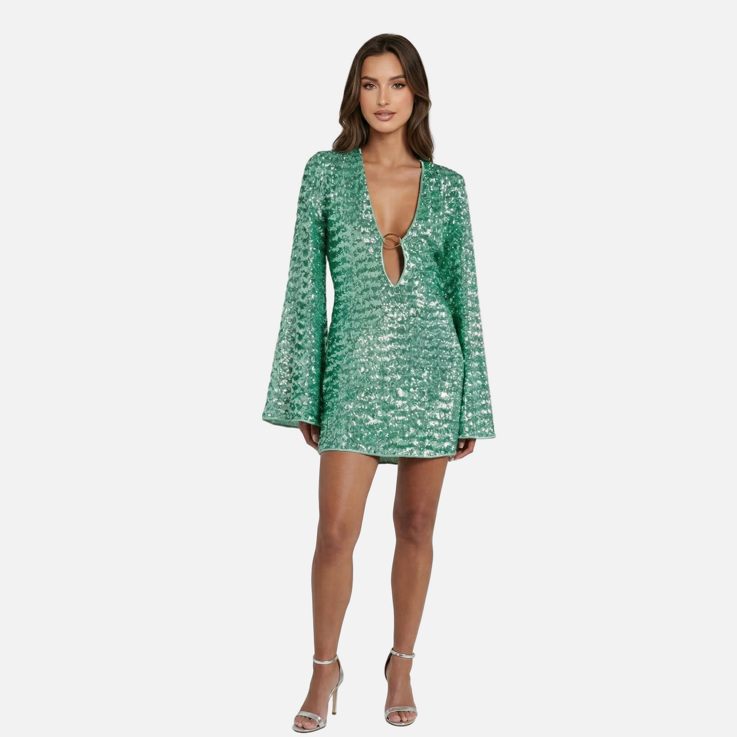 Mini Dress Women's Sequin V-neck Bell Sleeve Ring Detail
