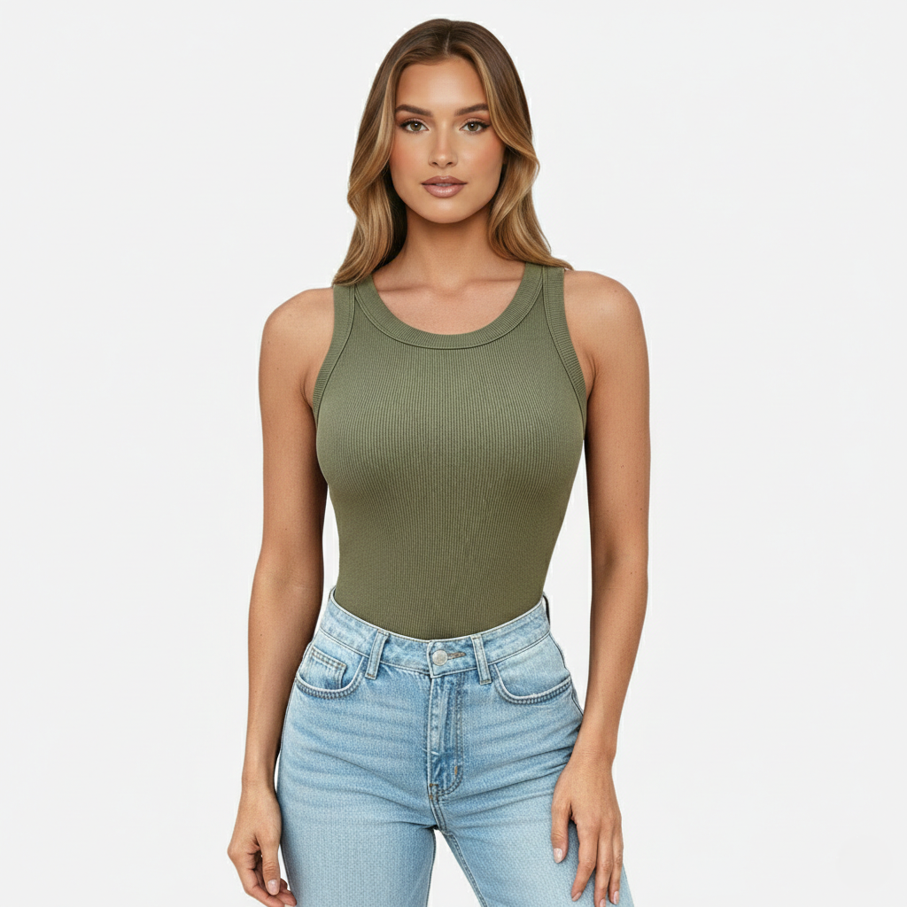 Tank Top Women's Round Neck Ribbed with Built-in Bra