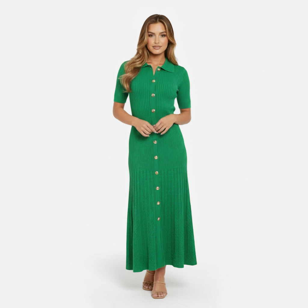 Mavenburry | Women’s Button-Front Ribbed Knit Long Midi Dress