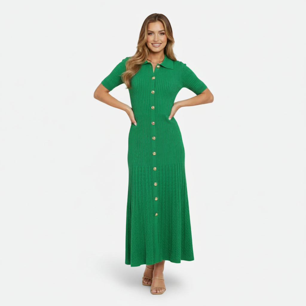 Mavenburry | Women’s Button-Front Ribbed Knit Long Midi Dress