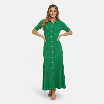Mavenburry | Women’s Button-Front Ribbed Knit Long Midi Dress