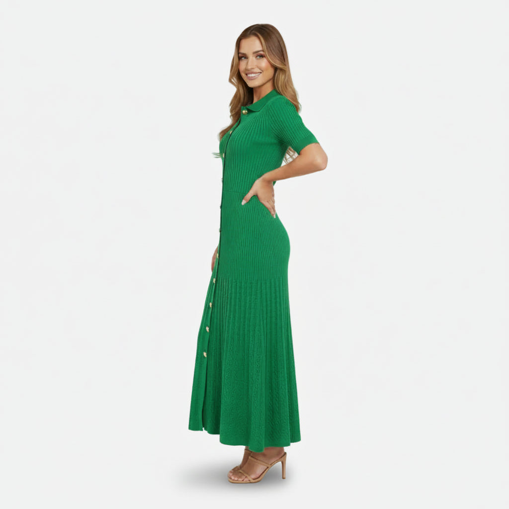 Mavenburry | Women’s Button-Front Ribbed Knit Long Midi Dress