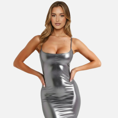 Bodycon Maxi Dress Women’s Metallic Cami-Straps