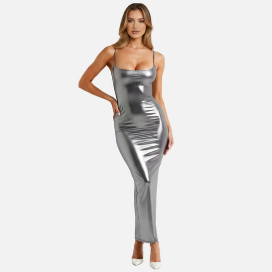 Bodycon Maxi Dress Women’s Metallic Cami-Straps