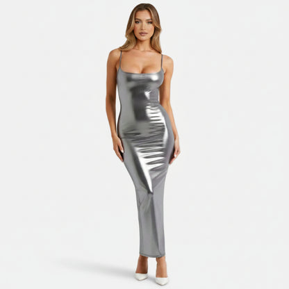 Bodycon Maxi Dress Women’s Metallic Cami-Straps