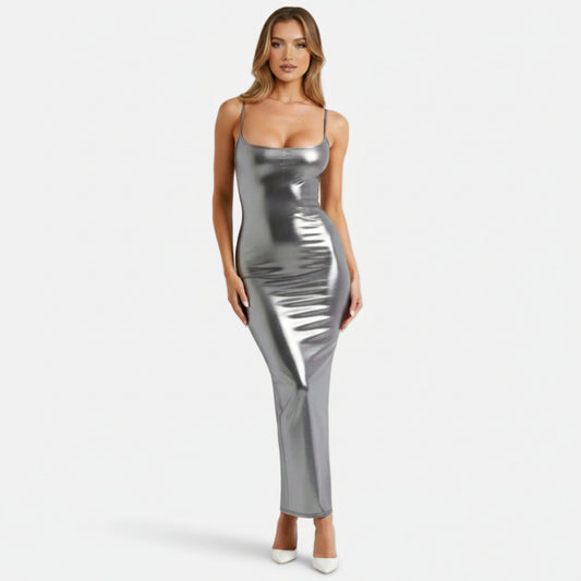 Bodycon Maxi Dress Women’s Metallic Cami-Straps
