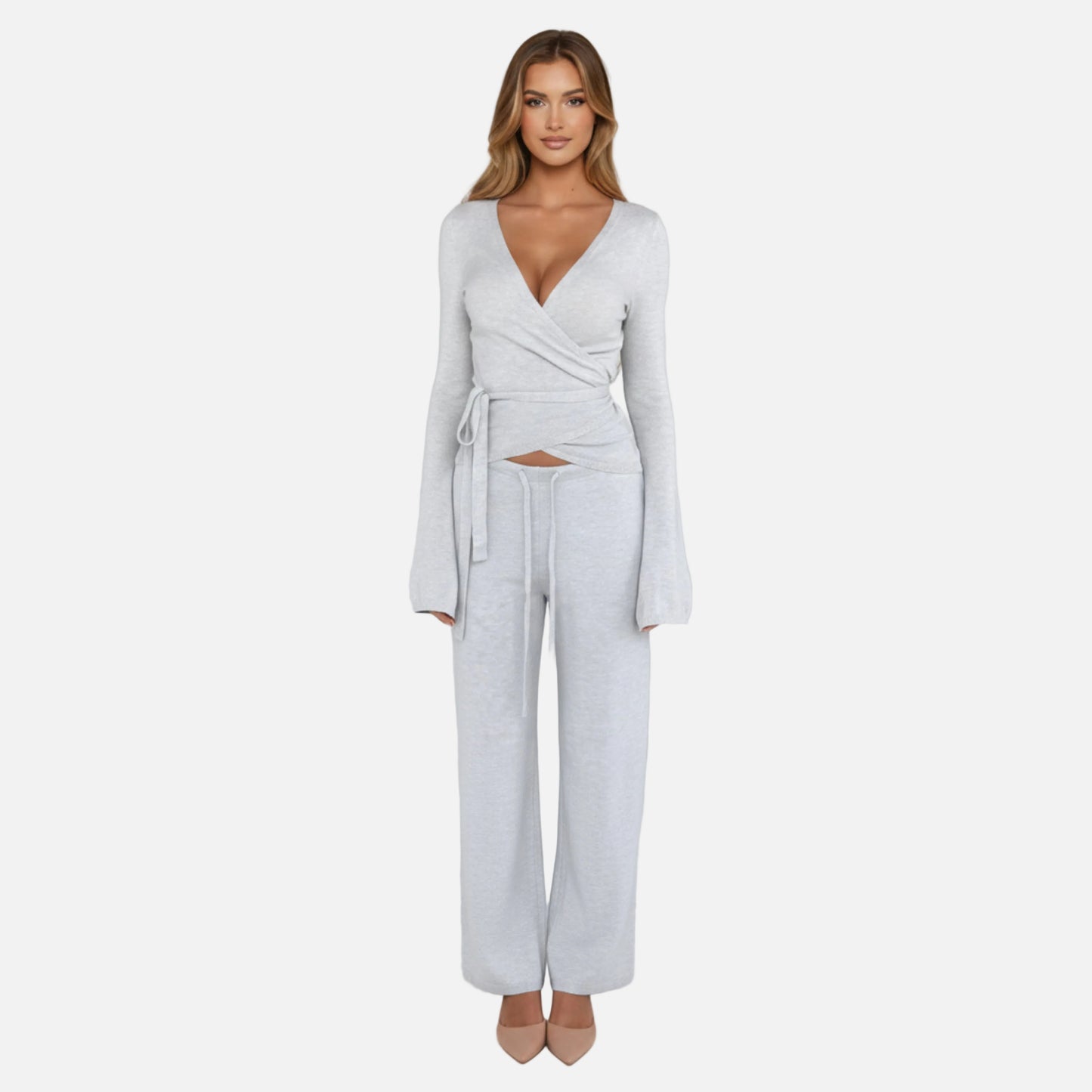 Knit Lounge Set Women's Wrap Top and Wide Leg Trousers
