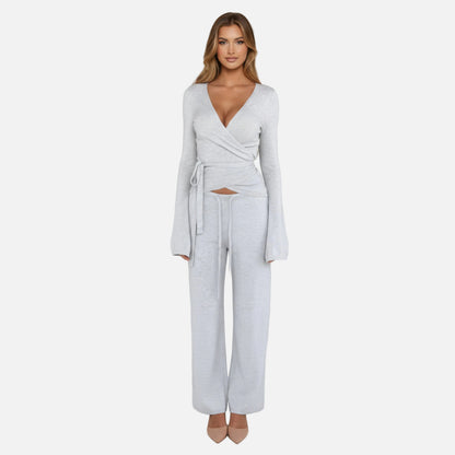 Knit Lounge Set Women's Wrap Top and Wide Leg Trousers