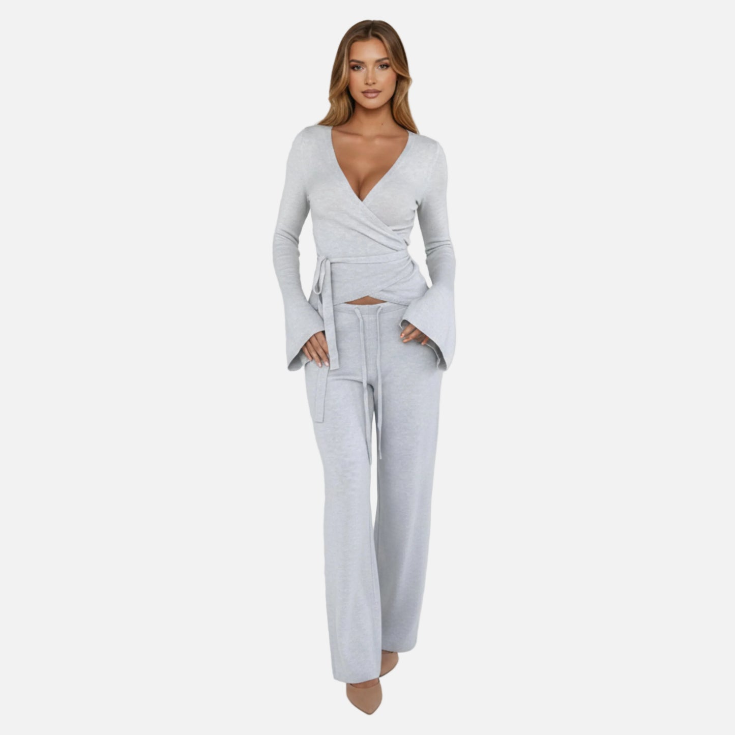 Knit Lounge Set Women's Wrap Top and Wide Leg Trousers