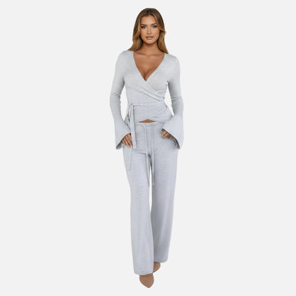Knit Lounge Set Women's Wrap Top and Wide Leg Trousers