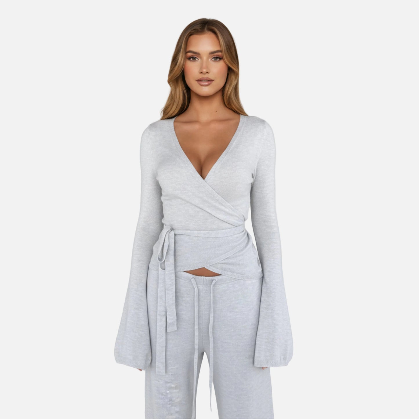Knit Lounge Set Women's Wrap Top and Wide Leg Trousers