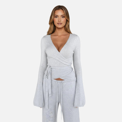 Knit Lounge Set Women's Wrap Top and Wide Leg Trousers