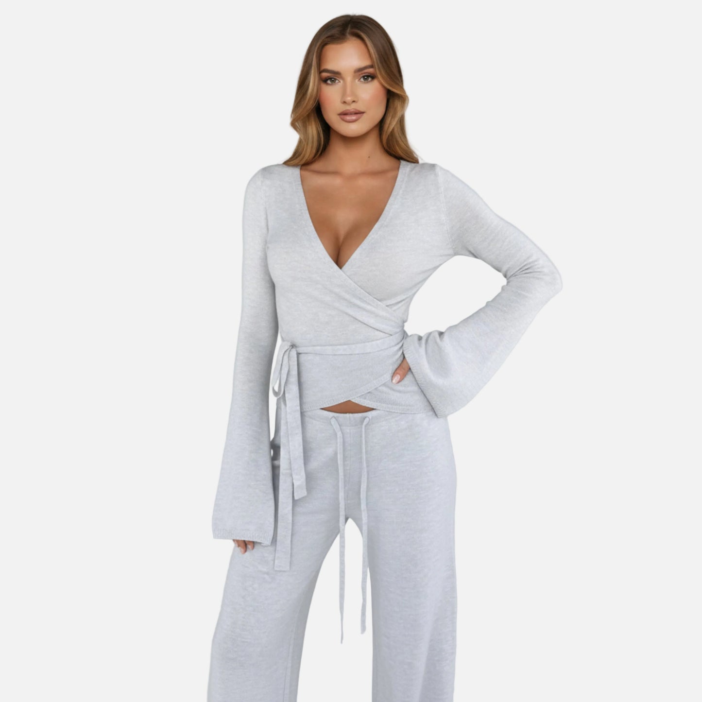 Knit Lounge Set Women's Wrap Top and Wide Leg Trousers