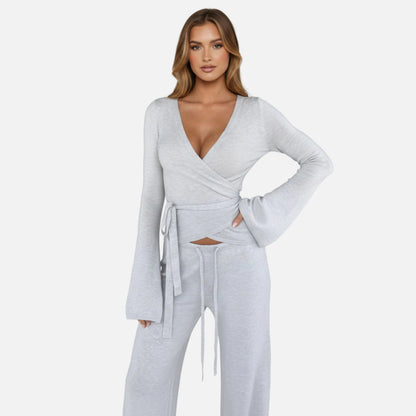 Knit Lounge Set Women's Wrap Top and Wide Leg Trousers
