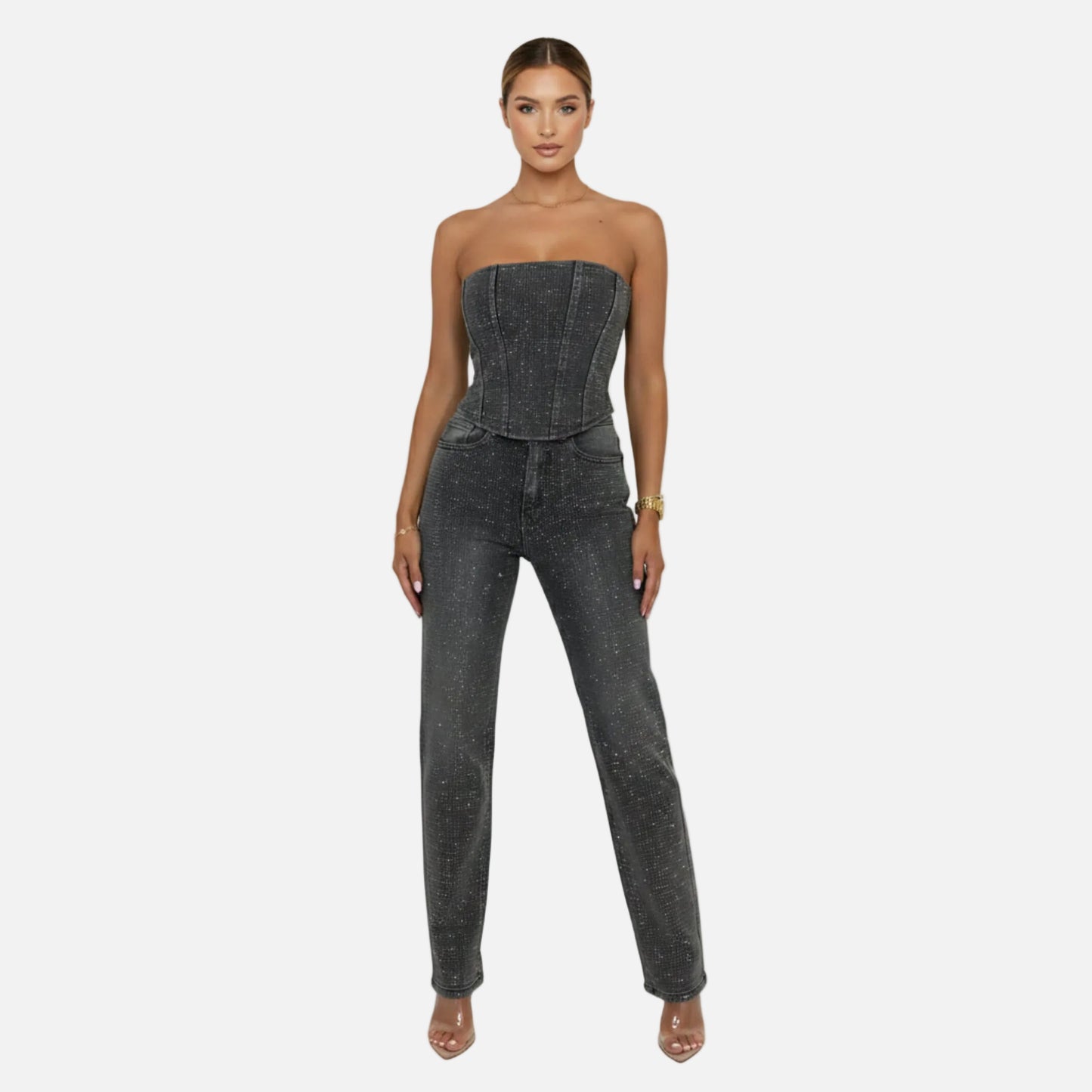 Strapless Vest Top and Straight Leg Pants Set Women’s Sequin Embellished