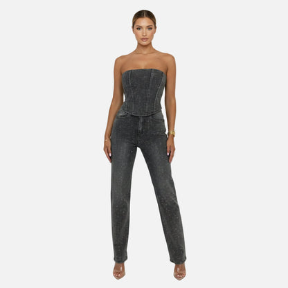 Strapless Vest Top and Straight Leg Pants Set Women’s Sequin Embellished