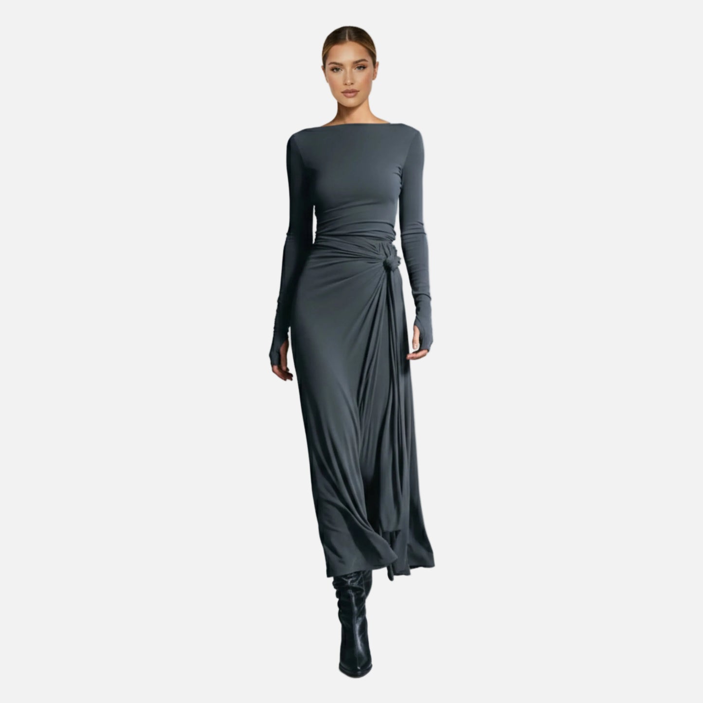 Wrap Maxi Dress Women's Long Sleeve Boat Neck