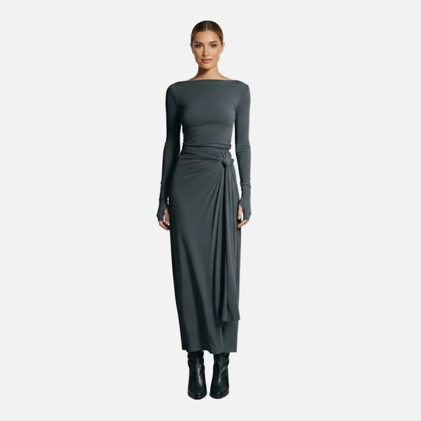 Wrap Maxi Dress Women's Long Sleeve Boat Neck