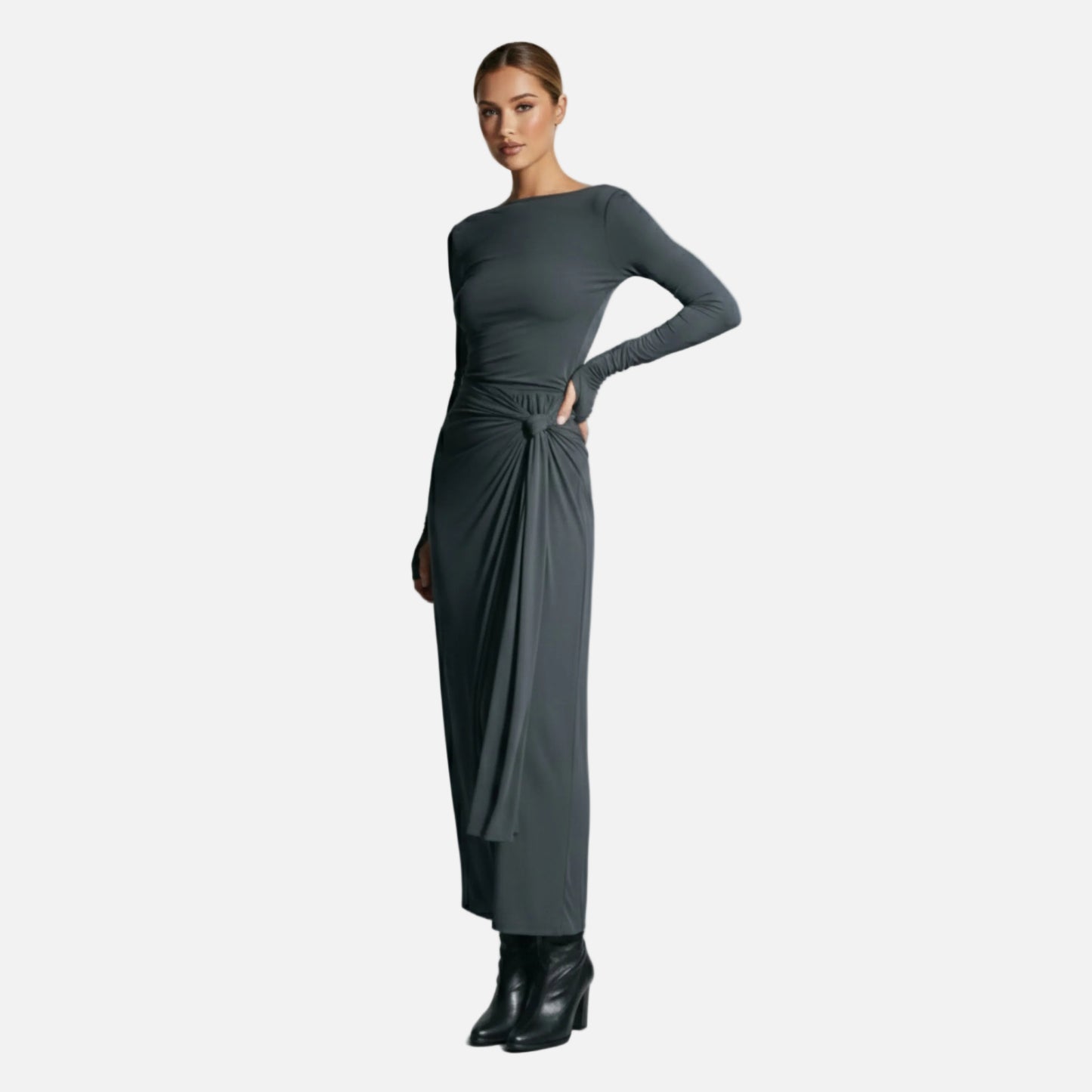 Wrap Maxi Dress Women's Long Sleeve Boat Neck
