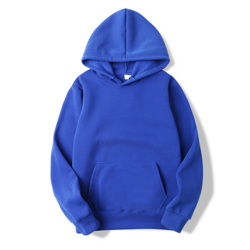 Front view of a plain royal blue hooded sweatshirt laid flat, with a kangaroo pocket, ribbed cuffs and drawstring hood. 10