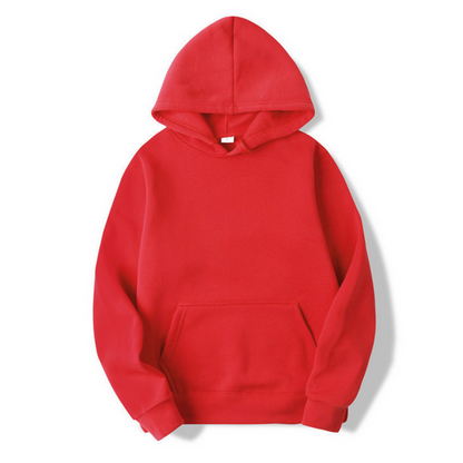Front view of a plain red hooded sweatshirt laid flat, showing the front pouch pocket, ribbed cuffs and fleece-lined hood. 11