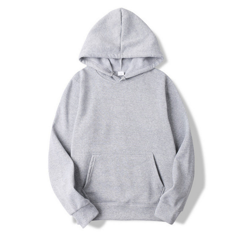 Front view of a plain light grey marl hooded sweatshirt laid flat, showing the kangaroo pocket, ribbed cuffs and hem. 2