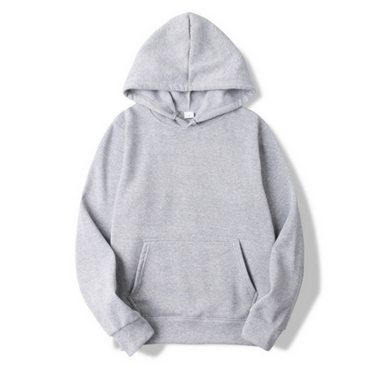 Front view of a plain light grey marl hooded sweatshirt laid flat, showing the kangaroo pocket, ribbed cuffs and hem. 2