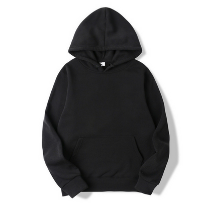 Front view of a plain black hooded sweatshirt laid flat, with a deep front pouch pocket, ribbed cuffs and drawstring hood. 3