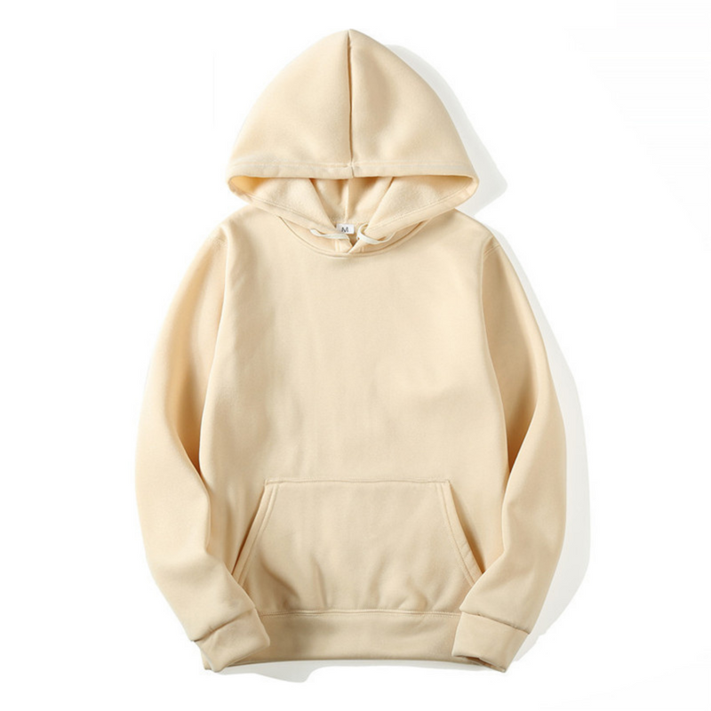 Front view of a plain cream beige hooded sweatshirt laid flat, with a front pouch pocket, ribbed cuffs and soft fleece-lined hood. 4
