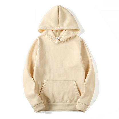 Front view of a plain cream beige hooded sweatshirt laid flat, with a front pouch pocket, ribbed cuffs and soft fleece-lined hood. 4