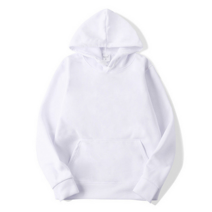 Front view of a plain white hooded sweatshirt laid flat, showing the kangaroo pocket, ribbed cuffs and drawstring hood. 5