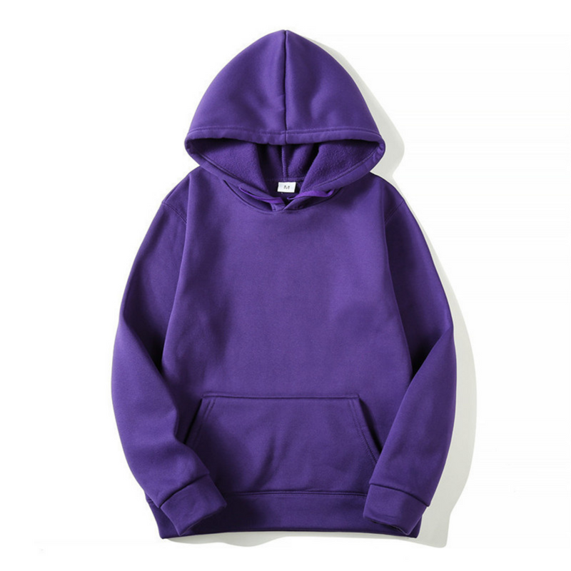 Front view of a plain purple hooded sweatshirt laid flat, with a front pouch pocket, ribbed cuffs and fleece-lined hood. 6