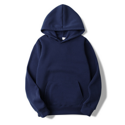 Front view of a plain navy blue hooded sweatshirt laid flat, with a kangaroo pocket, ribbed cuffs and drawstring hood. 7