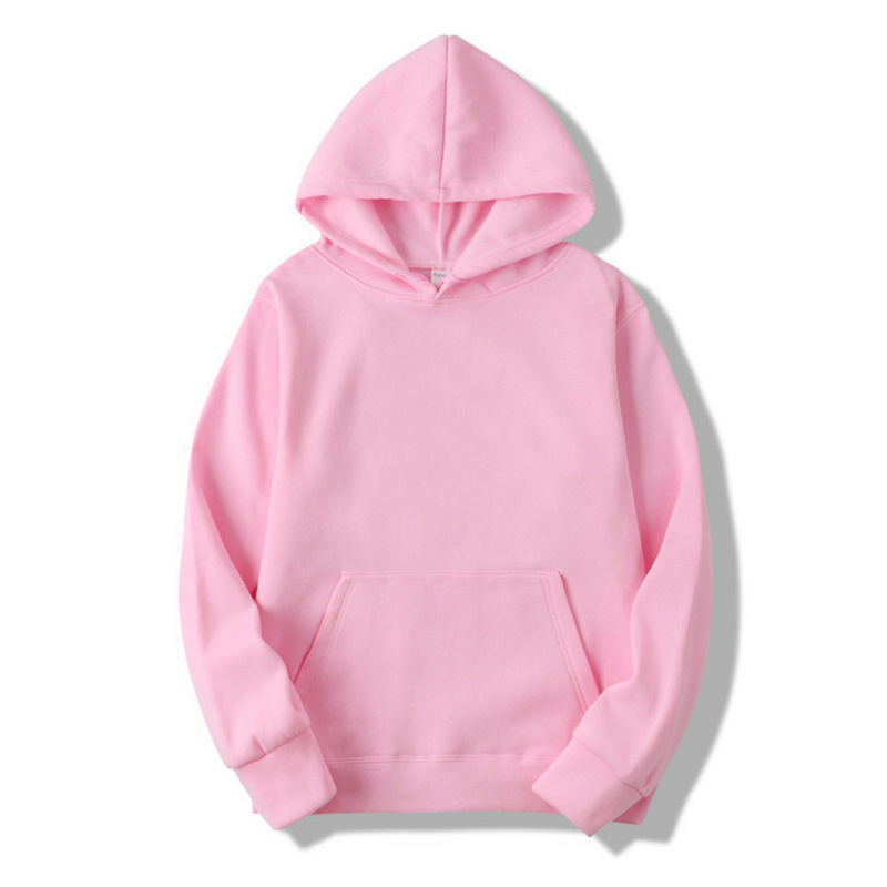 Front view of a plain light pink hooded sweatshirt laid flat, showing the front pouch pocket, ribbed cuffs and relaxed fit. 8