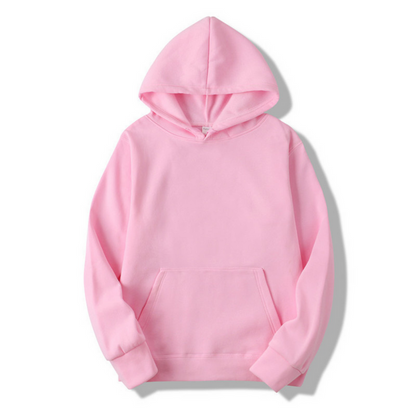 Front view of a plain light pink hooded sweatshirt laid flat, showing the front pouch pocket, ribbed cuffs and relaxed fit. 8