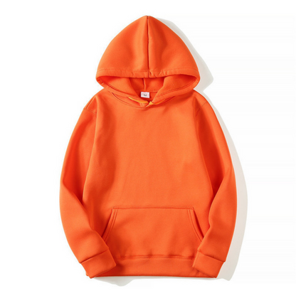 Front view of a plain bright orange fleece hooded sweatshirt laid flat, with a front pouch pocket, ribbed cuffs and matching drawstring. 9